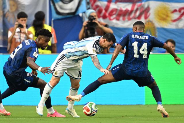 Cape Verde's defender #03 Diney Borges, Argentina's forward #10 Lionel Messi and Cape Verde's midfielder #14 Deroy Duarte fight for the ball during the 2026 World Cup round of 32 football match between Argentina and Cape Verde at the Miami Stadium in Miami Gardens on July 3, 2026.  (Photo by ROBERTO SCHMIDT / AFP)