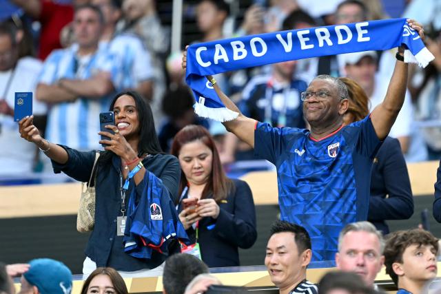 Cape Verde fans cheer for their team during the 2026 World Cup round of 32 football match between Argentina and Cape Verde at the Miami Stadium in Miami Gardens on July 3, 2026.  (Photo by CHANDAN KHANNA / AFP)