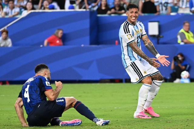 Argentina's midfielder #24 Enzo Fernandez gestures during the 2026 World Cup round of 32 football match between Argentina and Cape Verde at the Miami Stadium in Miami Gardens on July 3, 2026.  (Photo by ROBERTO SCHMIDT / AFP)