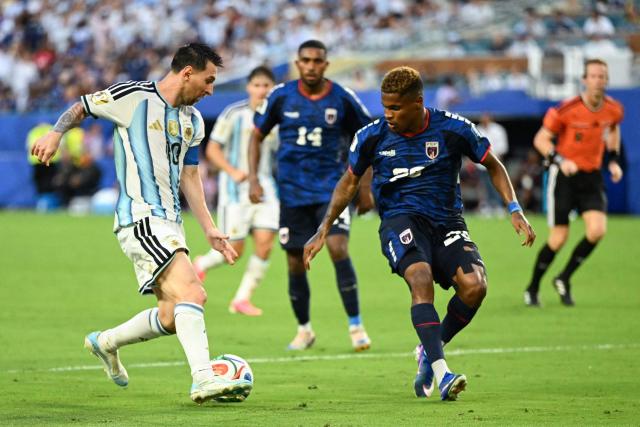 Argentina's forward #10 Lionel Messi and Cape Verde's forward #26 Helio Varela fight for the ball during the 2026 World Cup round of 32 football match between Argentina and Cape Verde at the Miami Stadium in Miami Gardens on July 3, 2026.  (Photo by ROBERTO SCHMIDT / AFP)