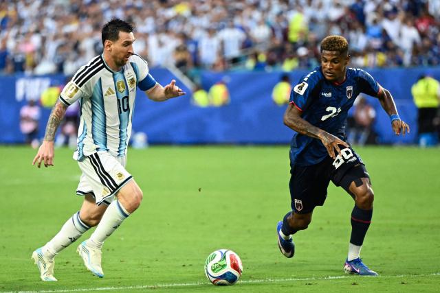 Argentina's forward #10 Lionel Messi and Cape Verde's forward #26 Helio Varela fight for the ball during the 2026 World Cup round of 32 football match between Argentina and Cape Verde at the Miami Stadium in Miami Gardens on July 3, 2026.  (Photo by ROBERTO SCHMIDT / AFP)