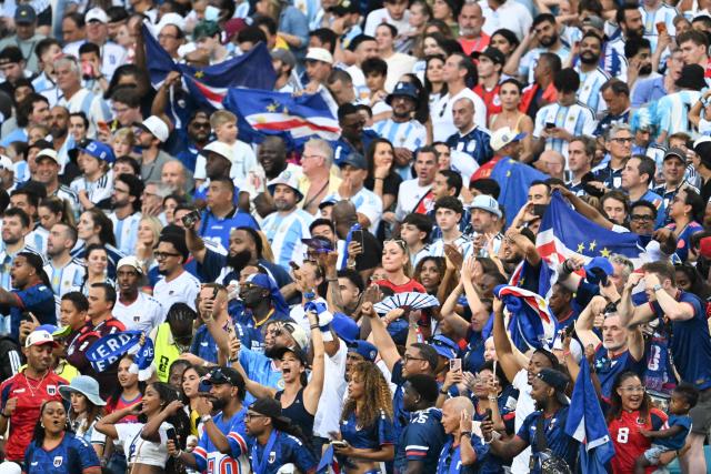 Cape Verde fans cheer for their team during the 2026 World Cup round of 32 football match between Argentina and Cape Verde at the Miami Stadium in Miami Gardens on July 3, 2026.  (Photo by ROBERTO SCHMIDT / AFP)