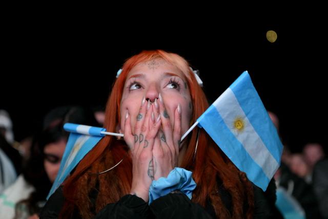 An Argentina supporter reacts while watching the 2026 FIFA World Cup Round of 32 football match between Argentina and Cape Verde on a giant screen in Buenos Aires on July 3, 2026. (Photo by Luis ROBAYO / AFP)