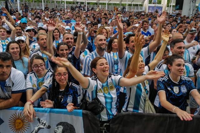Argentina fans cheer as they gather to watch the 2026 World Cup Round of 32 football match between Argentina and Cape Verde in Miami Beach, Florida, on July 3, 2026. (Photo by Giorgio VIERA / AFP)