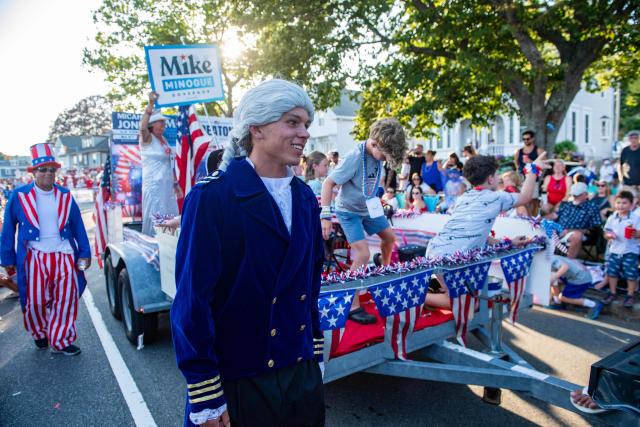 A person dressed as George Washington marches in the parade during the Gloucester Fishtown Horribles Parade in Gloucester, Massachusetts on July 3, 2026. The parade is part of the city’s July 4th celebrations. (Photo by JOSEPH PREZIOSO / AFP)