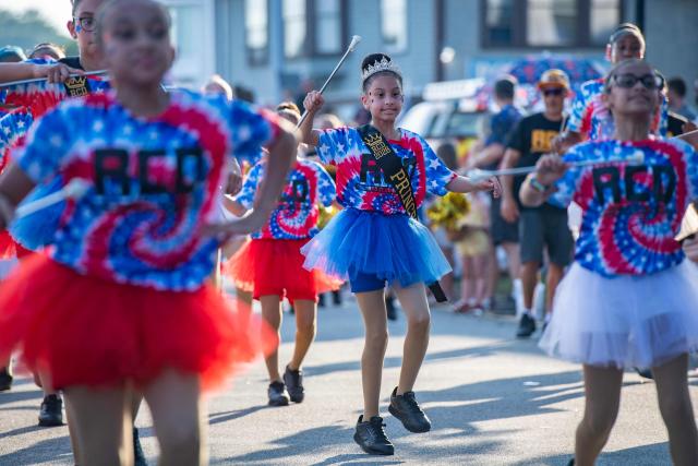 A dance troupe perform during the Gloucester Fishtown Horribles Parade in Gloucester, Massachusetts on July 3, 2026. The parade is part of the city’s July 4th celebrations. (Photo by JOSEPH PREZIOSO / AFP)