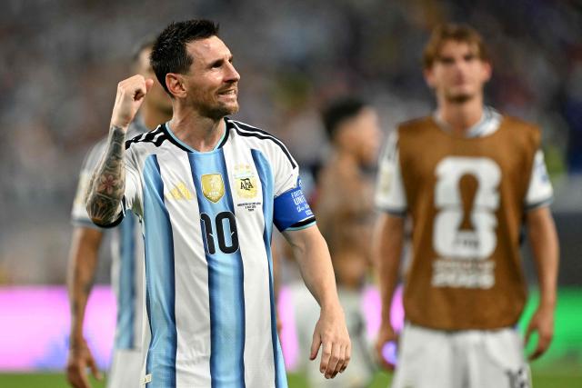 Argentina's forward #10 Lionel Messi celebrates after winning the 2026 World Cup round of 32 football match between Argentina and Cape Verde at the Miami Stadium in Miami Gardens on July 3, 2026.  (Photo by CHANDAN KHANNA / AFP)