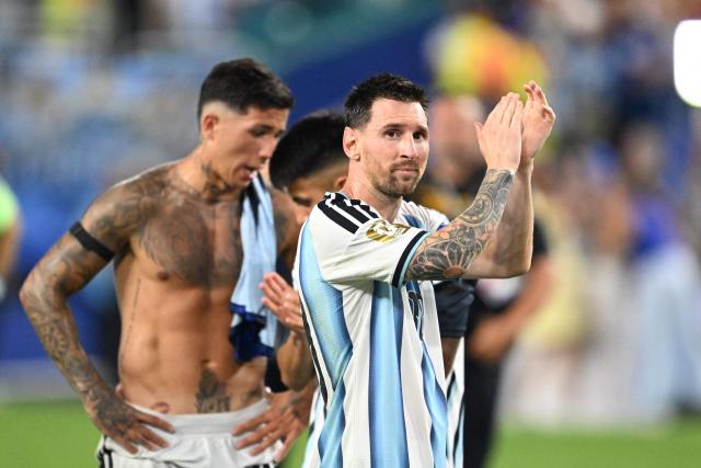 Argentina's forward #10 Lionel Messi celebrates after winning the 2026 World Cup round of 32 football match between Argentina and Cape Verde at the Miami Stadium in Miami Gardens on July 3, 2026.  (Photo by ROBERTO SCHMIDT / AFP)