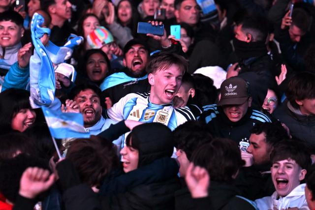 Argentina supporters celebrate Argentina's victory after watching the 2026 FIFA World Cup Round of 32 football match against Cape Verde on a giant screen in Buenos Aires on July 3, 2026. (Photo by Luis ROBAYO / AFP)