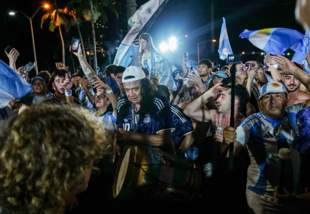 Argentina fans celebrate their team's victory in the 2026 World Cup Round of 32 football match against Cape Verde in Miami Beach, Florida, on July 3, 2026. (Photo by Giorgio VIERA / AFP)