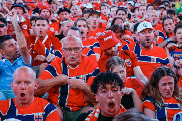 Norway fans gather in Times Square two days before their team’s World Cup Round of 16 match against Brazil in New York on July 3, 2026. (Photo by kena betancur / AFP)