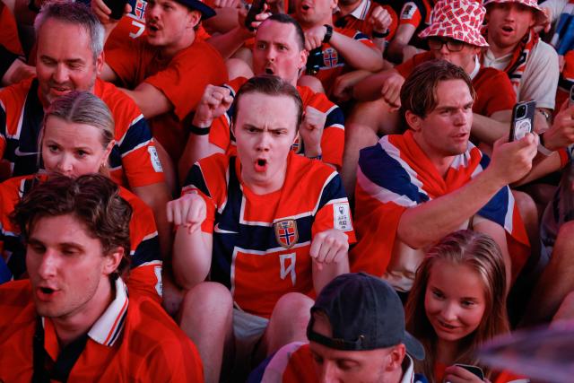 Norway fans gather in Times Square two days before their team’s World Cup Round of 16 match against Brazil in New York on July 3, 2026. (Photo by kena betancur / AFP)