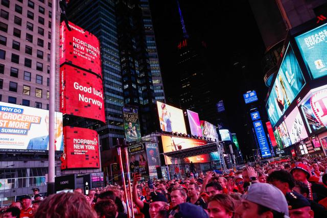 Norway fans gather in Times Square two days before their team’s World Cup Round of 16 match against Brazil in New York on July 3, 2026. (Photo by kena betancur / AFP)