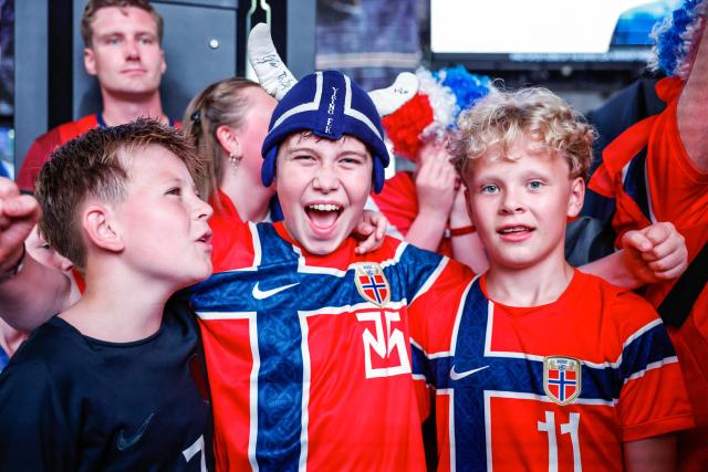 Norway fans gather in Times Square two days before their team’s World Cup Round of 16 match against Brazil in New York on July 3, 2026. (Photo by kena betancur / AFP)