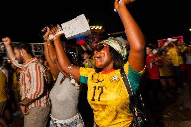 A Ghana fan celebrates the team's World Cup run after watching Ghana's 2026 World Cup Round of 32 defeat to Colombia on a giant screen at the FIFA Fan Festival in Kansas City, Missouri, on July 3, 2026. (Photo by Austin Johnson / AFP)
