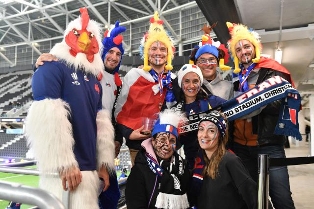 French fans show their support prior to the rugby Nations Championship match between New Zealand and France at One New Zealand Stadium in Christchurch on July 4, 2026. (Photo by Sanka Vidanagama / AFP)