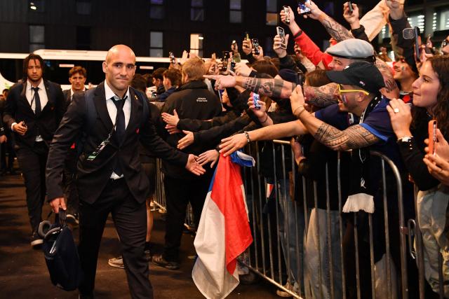 France's Maxime Lucu (L) arrives at the stadium prior to the rugby Nations Championship match between New Zealand and France at One New Zealand Stadium in Christchurch on July 4, 2026. (Photo by Sanka Vidanagama / AFP)