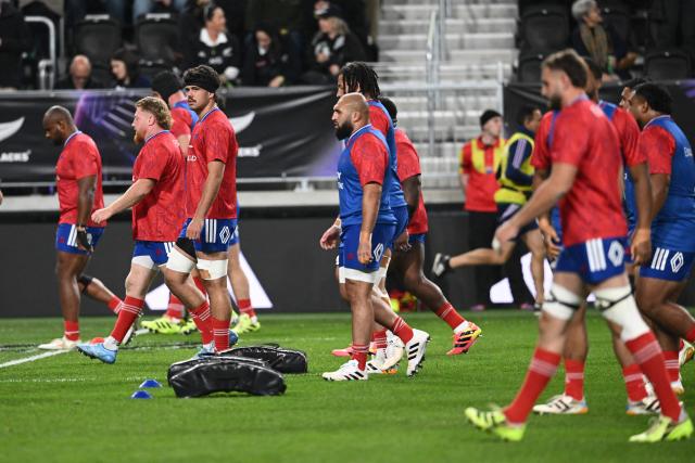France players warm up prior to the rugby Nations Championship match between New Zealand and France at One New Zealand Stadium in Christchurch on July 4, 2026. (Photo by Sanka VIDANAGAMA / AFP)