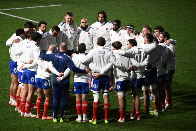 France players huddle prior to the rugby Nations Championship match between New Zealand and France at One New Zealand Stadium in Christchurch on July 4, 2026. (Photo by Sanka VIDANAGAMA / AFP)