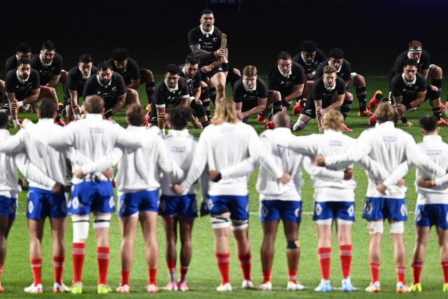 New Zealand players perform a haka in front of French players before the start of the rugby Nations Championship match between New Zealand and France at One New Zealand Stadium in Christchurch on July 4, 2026. (Photo by Sanka VIDANAGAMA / AFP)