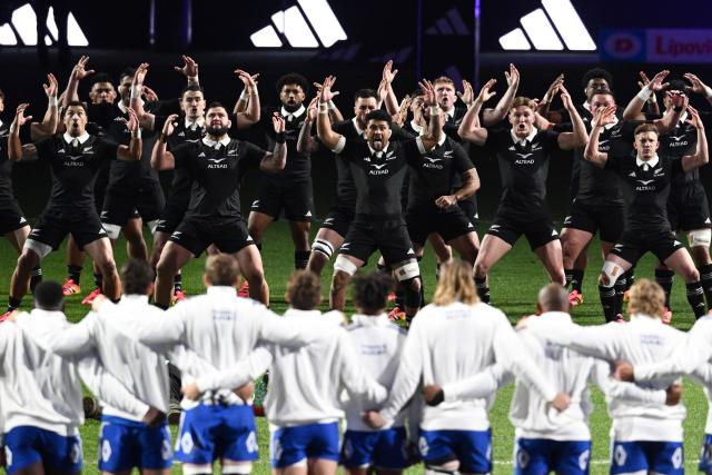 New Zealand players perform a haka in front of French players before the start of the rugby Nations Championship match between New Zealand and France at One New Zealand Stadium in Christchurch on July 4, 2026. (Photo by Sanka VIDANAGAMA / AFP)