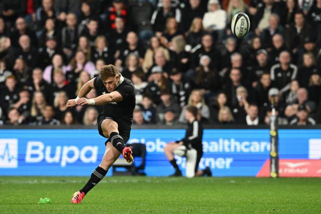 New Zealand's Ruben Love kicks a goal during the rugby Nations Championship match between New Zealand and France at One New Zealand Stadium in Christchurch on July 4, 2026. (Photo by Sanka VIDANAGAMA / AFP)