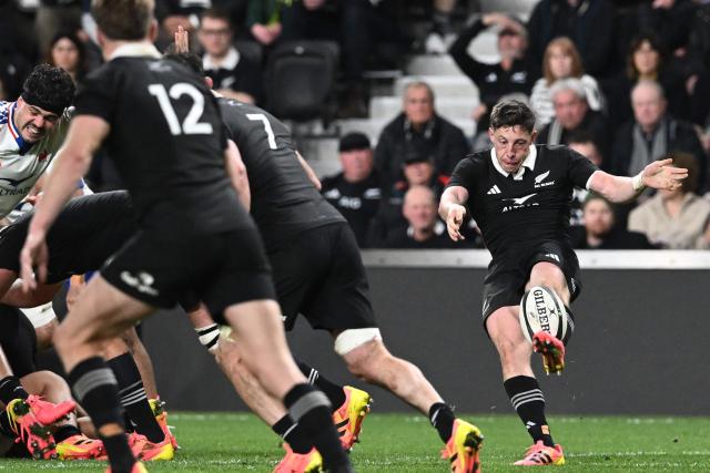 New Zealand's Cam Roigard kicks the ball during the rugby Nations Championship match between New Zealand and France at One New Zealand Stadium in Christchurch on July 4, 2026. (Photo by Sanka VIDANAGAMA / AFP)