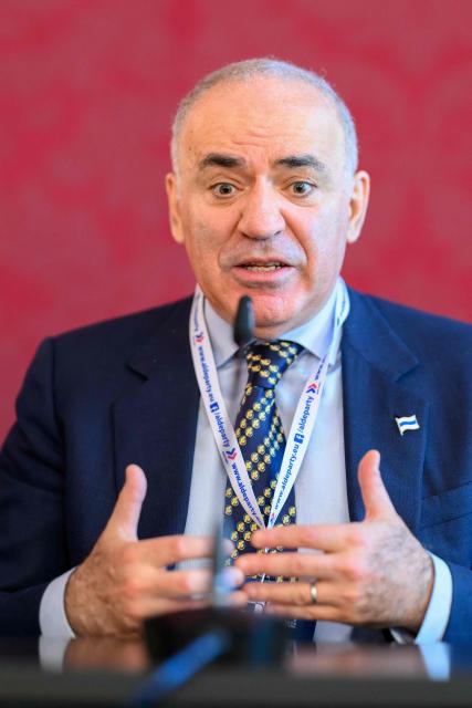 Former Russian Chess Grandmaster and political activist Garry Kasparov speaks as he attends the congress of the Alliance of Liberals and Democrats for Europe Party (ALDE) on July 4, 2026 in Vienna, Austria. (Photo by MAX SLOVENCIK / APA / AFP) / Austria OUT