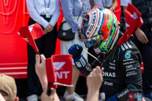 Mercedes' Italian driver Kimi Antonelli celebrates winning the sprint race ahead of the Formula One British Grand Prix at the Silverstone motor racing circuit in Silverstone, central England, on July 4, 2026. (Photo by Ben STANSALL / AFP)