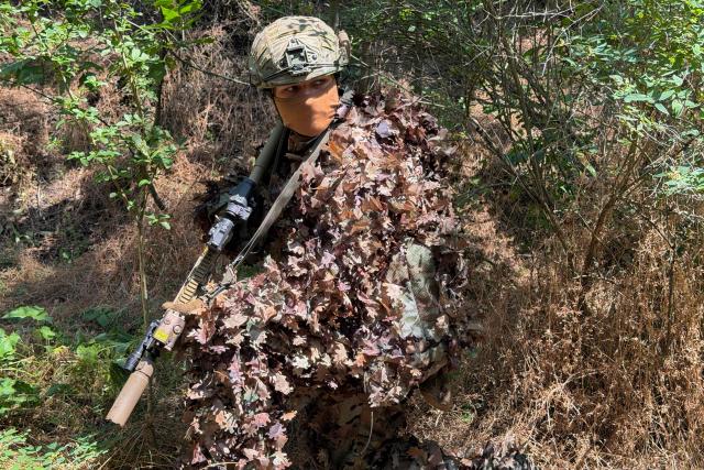 A French volunteer member from the Revanche Tactical Group, which operates under the International Legion of the Defence Intelligence of Ukraine, takes part in a military training at an undisclosed location, in the Zaporizhzhia region, on July 3, 2026, amid the Russian invasion of Ukraine. (Photo by Darya NAZAROVA / AFP)