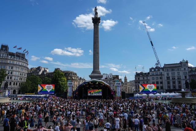 People crowd into Trafalgar Square after the annual Pride Parade, in celebration and support of the lesbian, gay, bisexual and transgender (LGBT+) community, in London on July 4, 2026. (Photo by CARLOS JASSO / AFP)