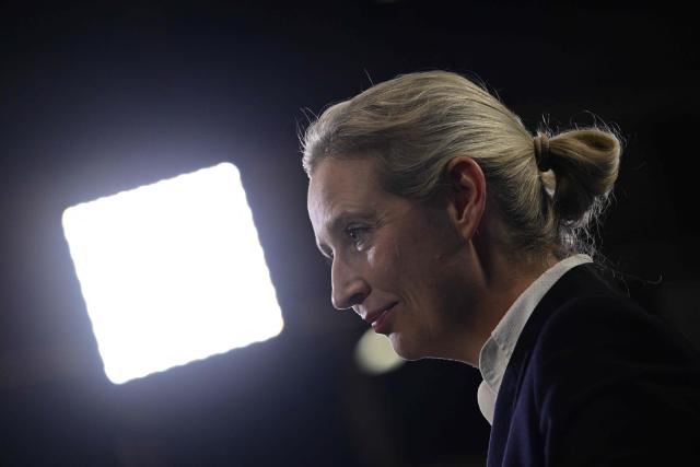 Co-leader of the far-right Alternative for Germany (AfD) party Alice Weidel gives an interview at the party congress of far-right Alternative for Germany (AfD) at the Messe Erfurt fairground in Erfurt, eastern Germany on July 4, 2026. About 20,000 people flocked to Erfurt, in Thuringia state, according to police, to protest against the Alternative for Germany (AfD) party that tops national opinion polls. (Photo by John MACDOUGALL / AFP)