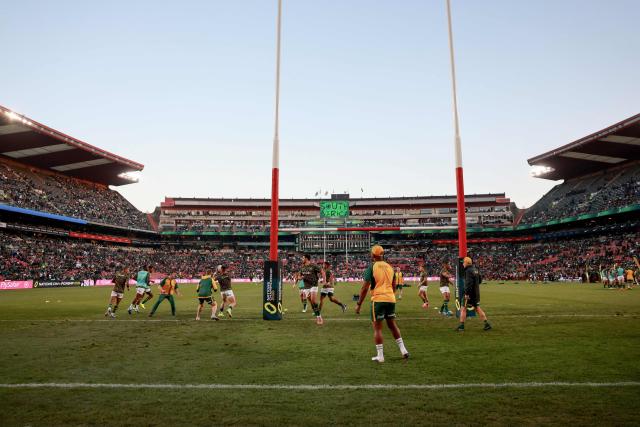 South Africa warms up ahead of the rugby Nations Championship match between South Africa and England at Ellis Park Stadium in Johannesburg on July 4, 2026. (Photo by PHILL MAGAKOE / AFP)