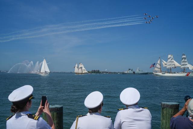 US Navy sailors watch Sail 4th 250 in New York on July 4, 2026. Millions of Americans celebrated the country's 250th birthday on Saturday -- a landmark celebration that comes at a time of deep political division, with a president determined to put his stamp on the festivities. Washington's traditional fireworks display on the National Mall -- lined with monuments celebrating the nation's Founding Fathers -- has been super-sized, and is being touted as the biggest ever. (Photo by Ryan MURPHY / AFP)