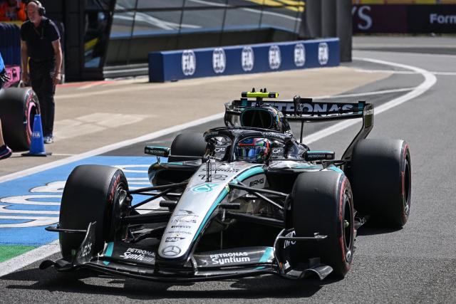 Mercedes' Italian driver Kimi Antonelli drives down pit lane during the qualifying session ahead of the Formula One British Grand Prix at the Silverstone motor racing circuit in Silverstone, central England, on July 4, 2026. (Photo by PETER POWELL / POOL / AFP)
