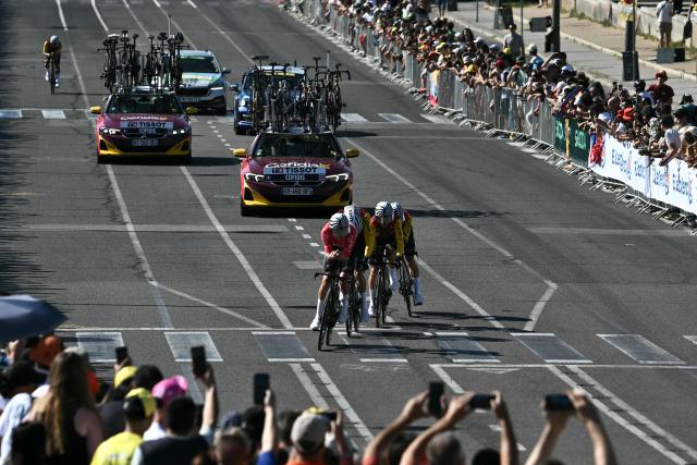 The team Cofidis cycles during the 1st stage of the 113th edition of the Tour de France cycling race, a 19,6 km team time trial stage in and around Barcelona in northeastern Spain, on July 4, 2026. (Photo by Jeff PACHOUD / AFP)