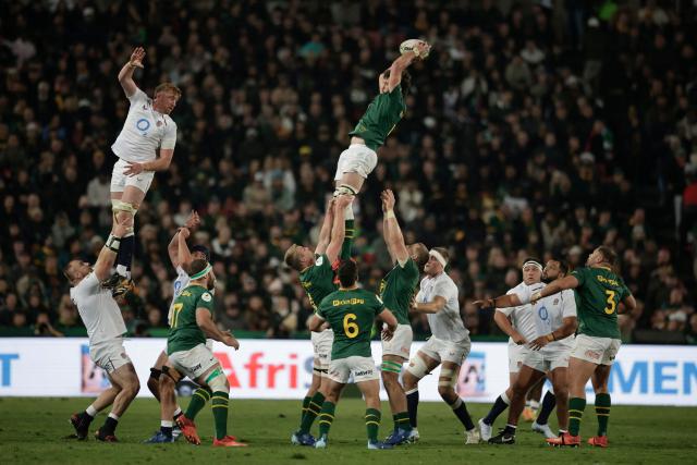 South Africa's lock Ruan Nortje catches a line out during the rugby Nations Championship match between South Africa and England at Ellis Park Stadium in Johannesburg on July 4, 2026. (Photo by PHILL MAGAKOE / AFP)