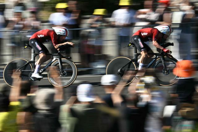 The team Lotto-Intermarché cycles during the 1st stage of the 113th edition of the Tour de France cycling race, a 19,6 km team time trial stage in and around Barcelona in northeastern Spain, on July 4, 2026. (Photo by Jeff PACHOUD / AFP)