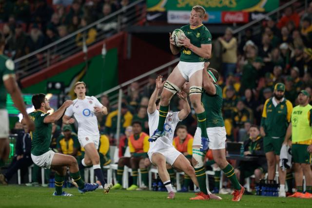 South Africa's loose forward Pieter-Steph du Toit cathches the ball during the rugby Nations Championship match between South Africa and England at Ellis Park Stadium in Johannesburg on July 4, 2026. (Photo by PHILL MAGAKOE / AFP)