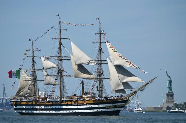 Italian Navy training ship, The Amerigo Vespucci, sails past the Statue of Liberty during the Sail 4th 250 Parade of Ships in New York harbor in New York, on July 4, 2026. Millions of Americans celebrated the country's 250th birthday on Saturday -- a landmark celebration that comes at a time of deep political division, with a president determined to put his stamp on the festivities. Washington's traditional fireworks display on the National Mall -- lined with monuments celebrating the nation's Founding Fathers -- has been super-sized, and is being touted as the biggest ever. (Photo by ANGELA WEISS / AFP)