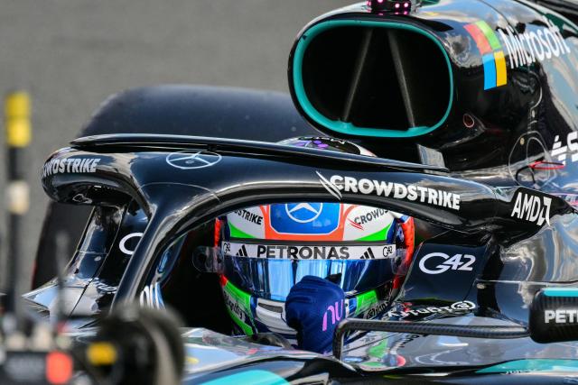 Mercedes' Italian driver Kimi Antonelli celebrates after taking pole position in the qualifying session ahead of the Formula One British Grand Prix at the Silverstone motor racing circuit in Silverstone, central England, on July 4, 2026. (Photo by Andrej ISAKOVIC / AFP)