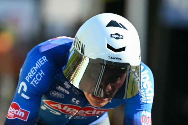 Alpecin - Premier Tech team's Dutch rider Mathieu van der Poel cycles to the finish line of the 1st stage of the 113th edition of the Tour de France cycling race, a 19,6 km team time trial stage in and around Barcelona in northeastern Spain, on July 4, 2026. (Photo by Loic VENANCE / AFP)