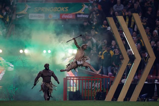 Impi warriors (Zulu warriors) enter the pitch at the beginning of the rugby Nations Championship match between South Africa and England at Ellis Park Stadium in Johannesburg on July 4, 2026. (Photo by PHILL MAGAKOE / AFP)