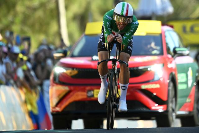 Netcompany INEOS team's Italian rider Filippo Ganna cycles to the finish line of the 1st stage of the 113th edition of the Tour de France cycling race, a 19,6 km team time trial stage in and around Barcelona in northeastern Spain, on July 4, 2026. (Photo by Loic VENANCE / AFP)