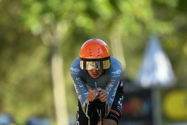 Netcompany INEOS team's French rider Kevin Vauquelin cycles to the finish line of the 1st stage of the 113th edition of the Tour de France cycling race, a 19,6 km team time trial stage in and around Barcelona in northeastern Spain, on July 4, 2026. (Photo by Loic VENANCE / AFP)