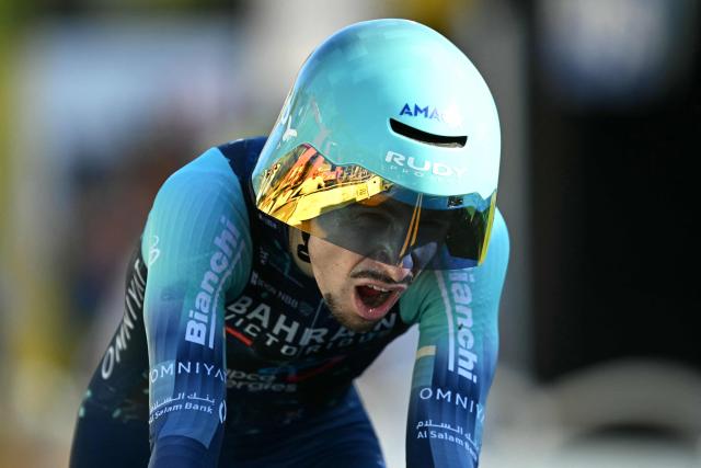 Bahrain - Victorious team's French rider Lenny Martinez cycles to the finish line of the 1st stage of the 113th edition of the Tour de France cycling race, a 19,6 km team time trial stage in and around Barcelona in northeastern Spain, on July 4, 2026. (Photo by Loic VENANCE / AFP)