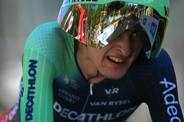 Decathlon CMA CGM Team's French rider Paul Seixas cycles to the finish line of the 1st stage of the 113th edition of the Tour de France cycling race, a 19,6 km team time trial stage in and around Barcelona in northeastern Spain, on July 4, 2026. (Photo by Loic VENANCE / AFP)