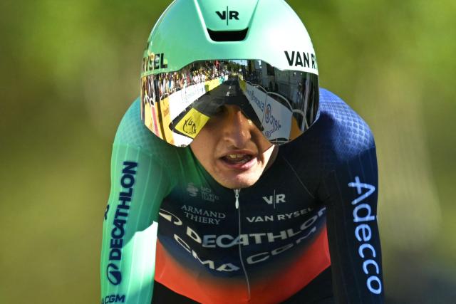 Decathlon CMA CGM Team's French rider Paul Seixas cycles to the finish line of the 1st stage of the 113th edition of the Tour de France cycling race, a 19,6 km team time trial stage in and around Barcelona in northeastern Spain, on July 4, 2026. (Photo by Loic VENANCE / AFP)