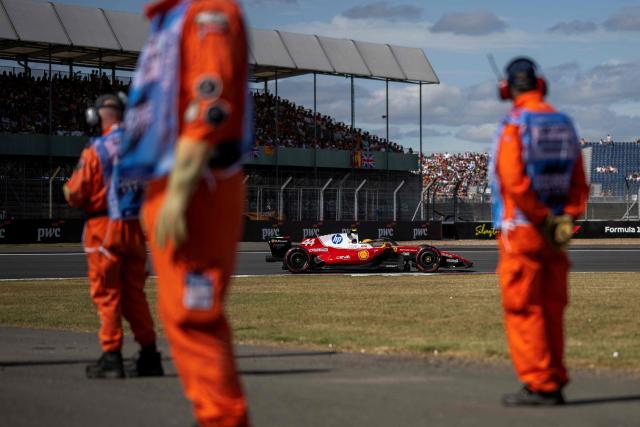 Ferrari's British driver Lewis Hamilton drives during the qualifying session ahead of the Formula One British Grand Prix at the Silverstone motor racing circuit in Silverstone, central England, on July 4, 2026. (Photo by Ben STANSALL / AFP)