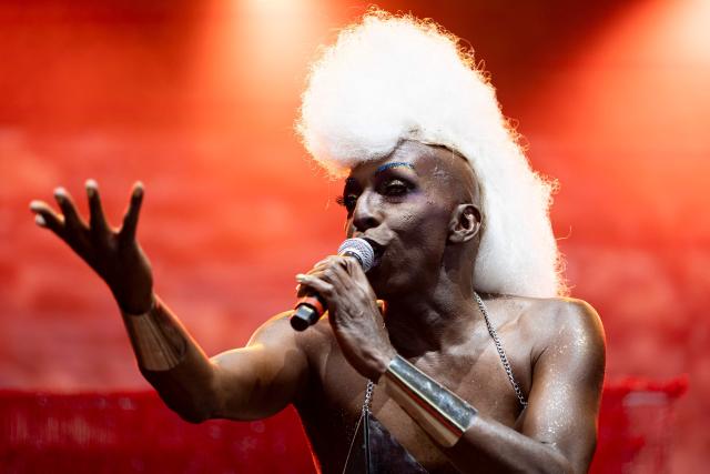 A member of French band Madame Ose Bashung performs on stage during the 36th edition of the Eurockeennes de Belfort music festival, in Sermamagny, eastern France, on July 4, 2026. (Photo by ROMEO BOETZLE / AFP)